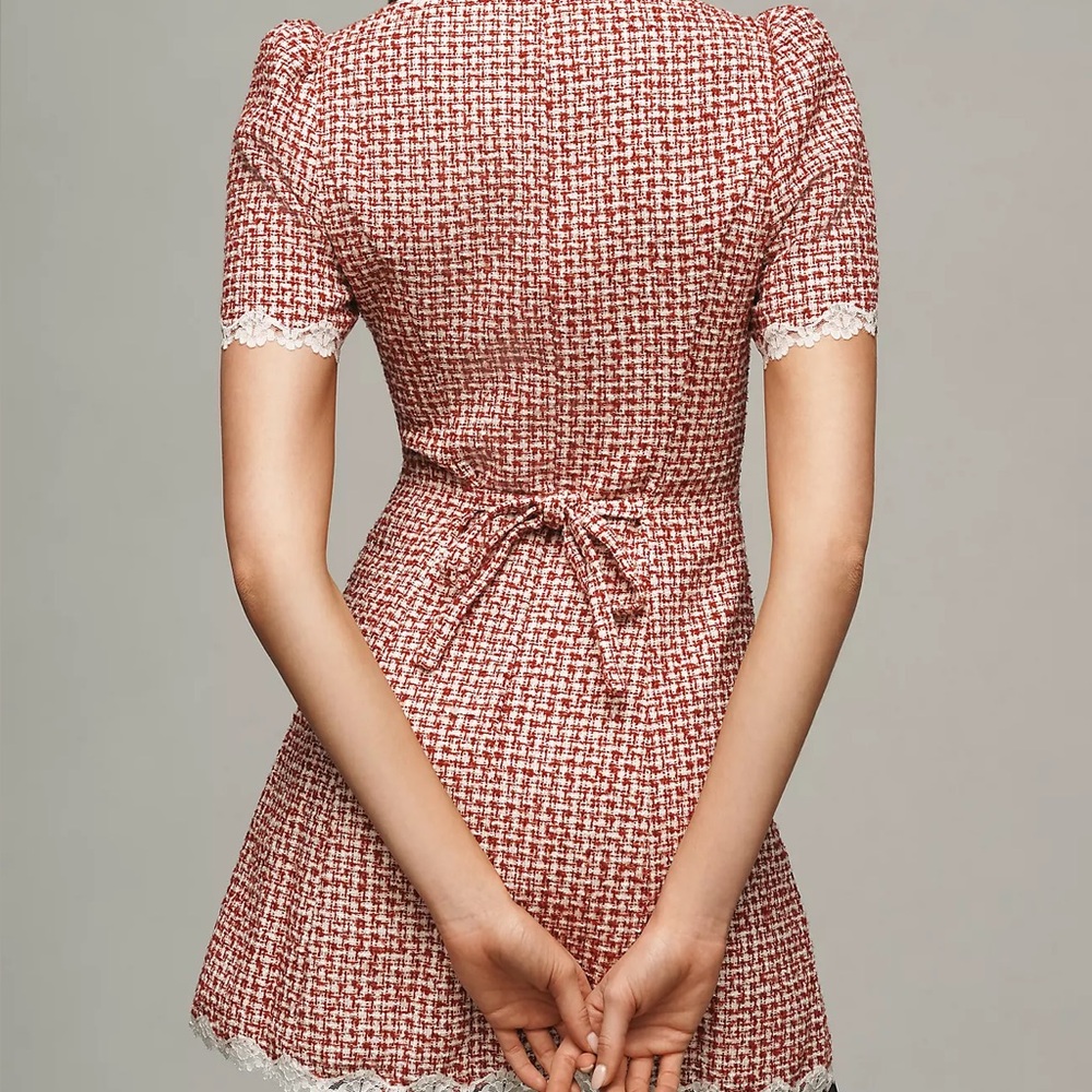 NWT Anthropologie *Replica* Dress Elegant Red Tweed Mini Dress with Lace Trim - Picture 3 of 6